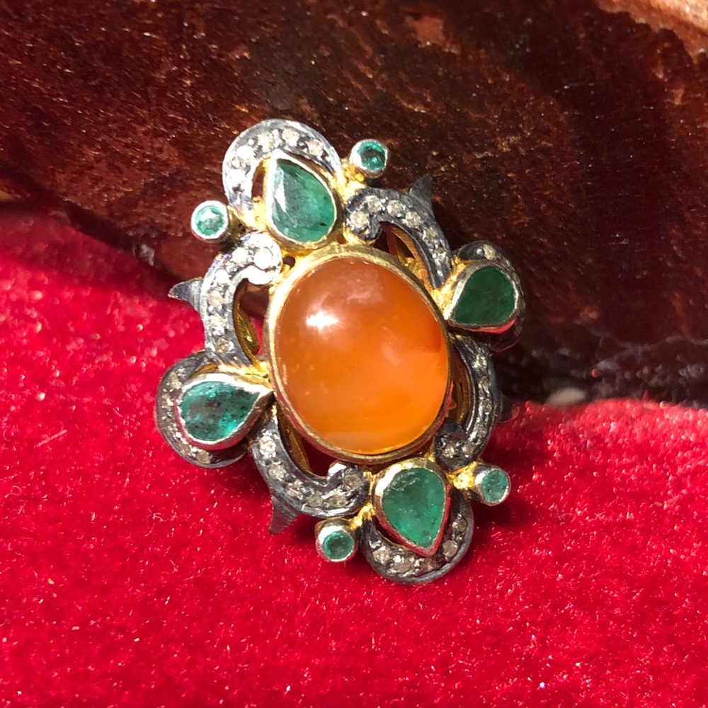 SOLD Fire Opal, Emerald and Diamond Ring